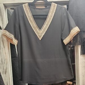 Elegant Black V-Neck Blouse with Crochet Details